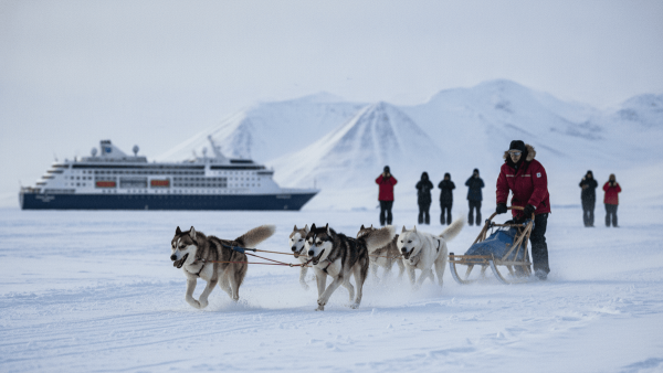 A person on a dog sled pulled by huskies across a vast snowy landscape. A large cruise ship is anchored in the background.