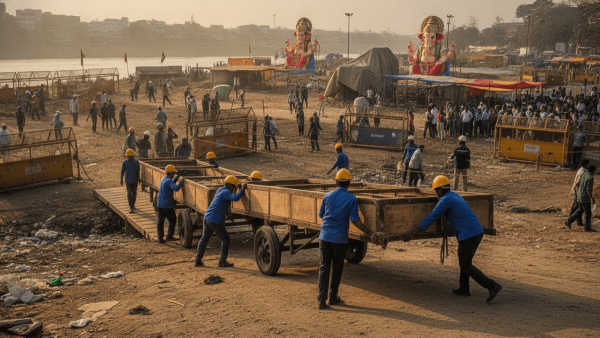 Municipal workers in hard hats and blue shirts move wooden immersion trolleys on a dusty riverbank in Thane, India, with large Ganesh idols in the background.