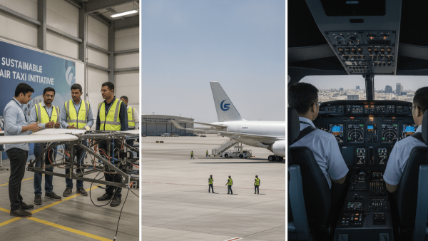 A triptych showing aviation industry progress: eVTOL development, ground handling operations, and pilot training.