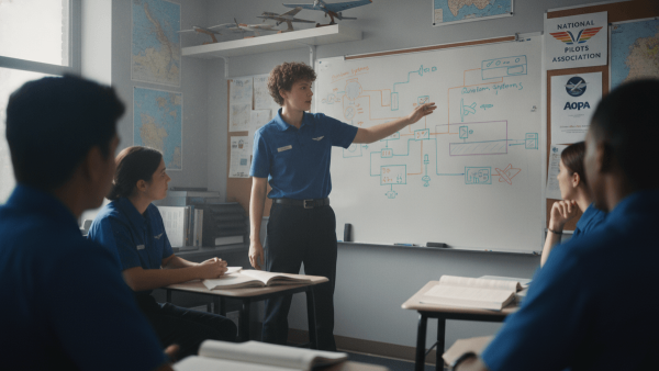 An instructor, mid-explanation, points to a complex diagram on a whiteboard in a classroom full of attentive students.