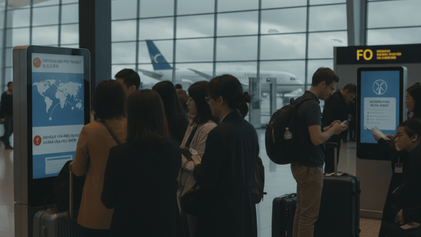 A group of international travelers, some with luggage, stand near digital information kiosks displaying visa policies.