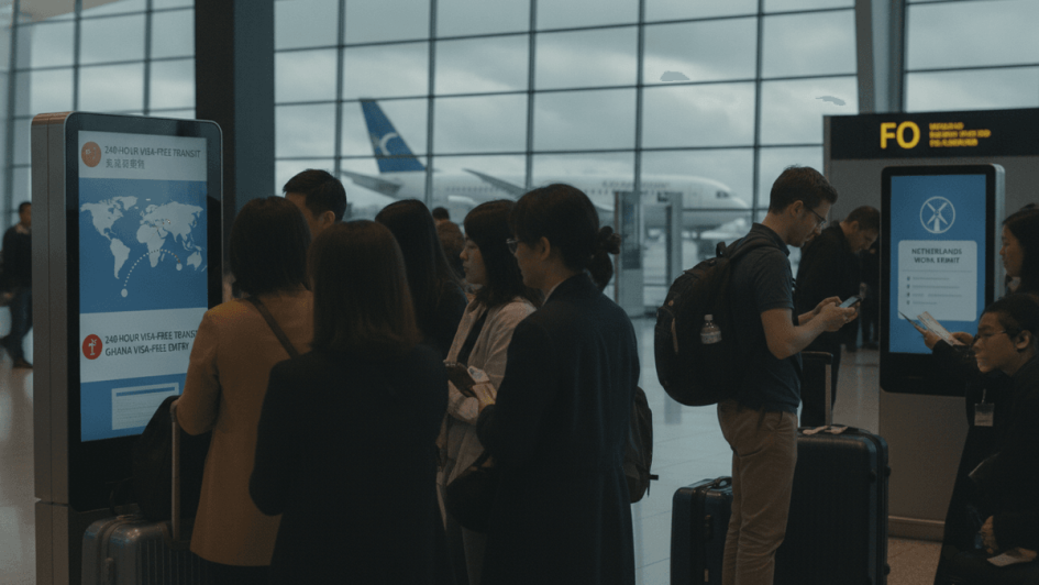 A group of international travelers, some with luggage, stand near digital information kiosks displaying visa policies.