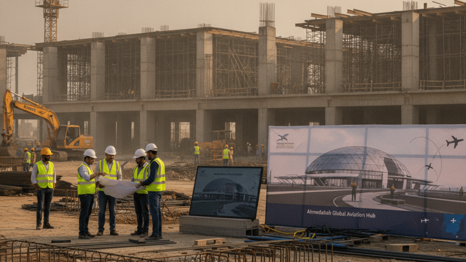 Construction workers in hard hats and vests review blueprints at a dusty airport expansion site with new buildings.