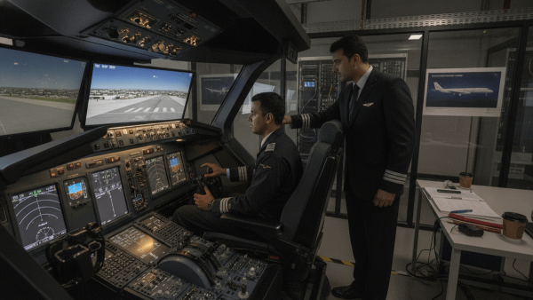 A pilot in a flight simulator, with an instructor standing beside him, in a dimly lit training room.