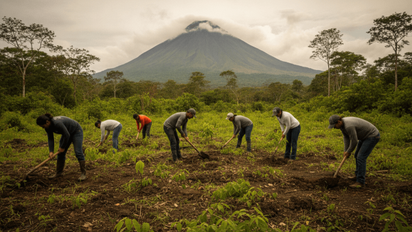 Farmers work in a field with hand tools, cultivating crops under a cloudy sky with a large, conical volcano in the background.