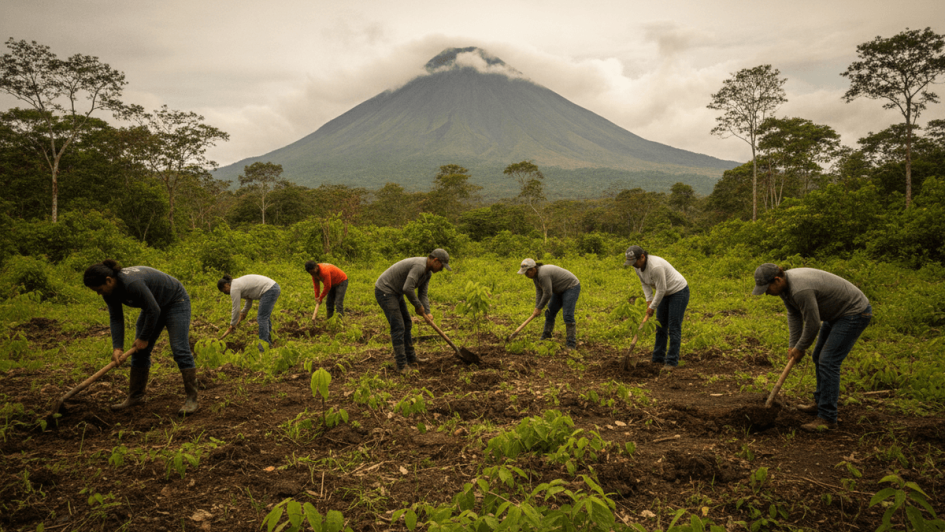 Farmers work in a field with hand tools, cultivating crops under a cloudy sky with a large, conical volcano in the background.