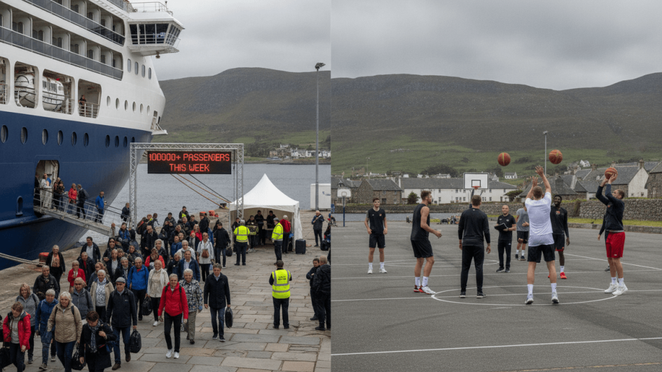 A split image showing cruise passengers disembarking a ship at Stornoway Port and a basketball team practicing on an outdoor court.