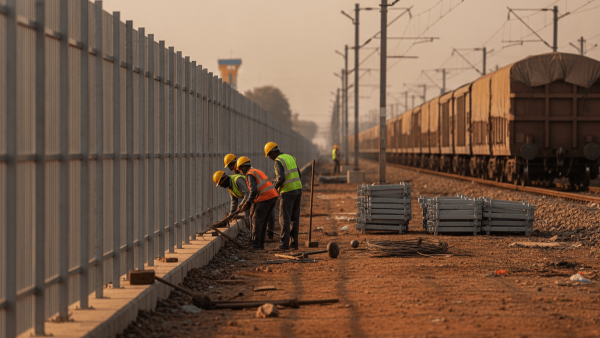 Four construction workers in hard hats and safety vests install a metal fence alongside railway tracks. A freight train is visible in the background.