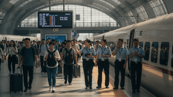 A candid shot of a crowded train platform in China, with passengers walking and uniformed staff monitoring.