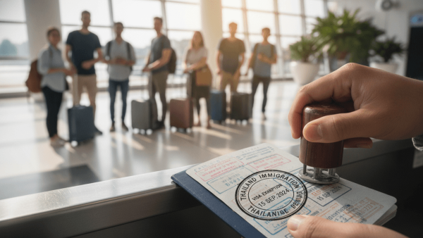 Close-up of an immigration officer's hand stamping a passport, with a blurred group of diverse travelers waiting in the background at an airport.