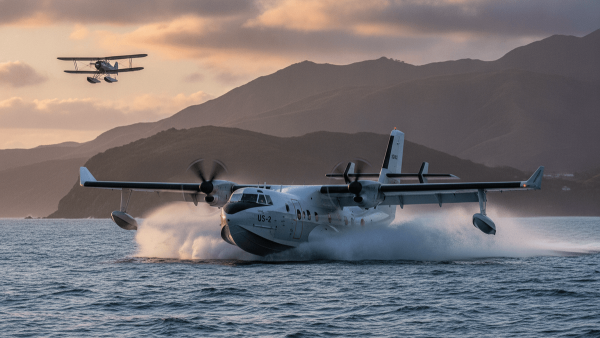A modern ShinMaywa US-2 seaplane lands on water, creating a large spray. In the distance, a vintage biplane with floats is airborne.