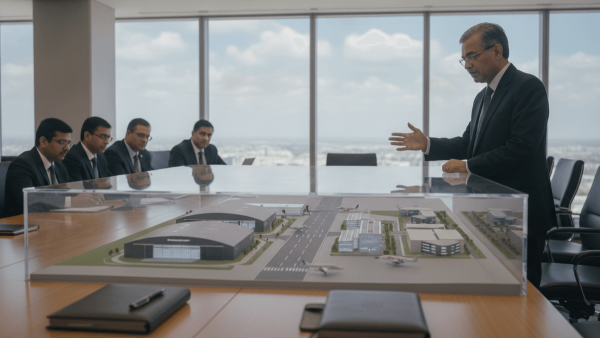 An Indian official in a suit gestures towards an airport model on a conference table, with other officials observing.