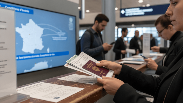 A traveler's hands holding a passport and documents at an airport or immigration desk, with a screen displaying a map of France in the background.