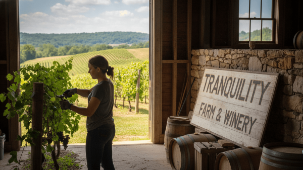 A woman prunes grapevines in a barn doorway, revealing sunlit vineyards and green hills beyond, with wine barrels and a sign inside.