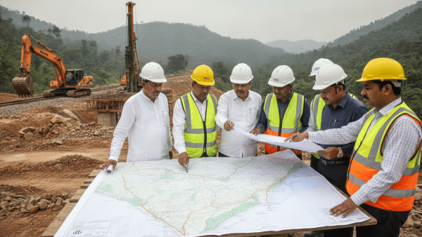 A group of engineers and officials in hard hats review large maps on a table at an outdoor railway construction site.