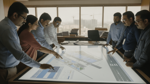 A group of Indian aviation officials in a meeting room, intensely reviewing digital airport infrastructure plans on a large interactive table.