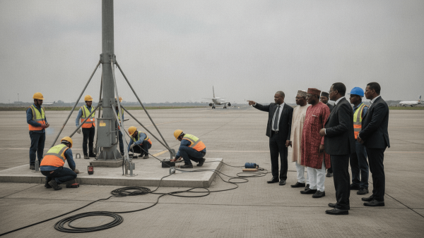 A group of officials in suits and traditional attire stand on an airfield, observing technicians working on equipment.