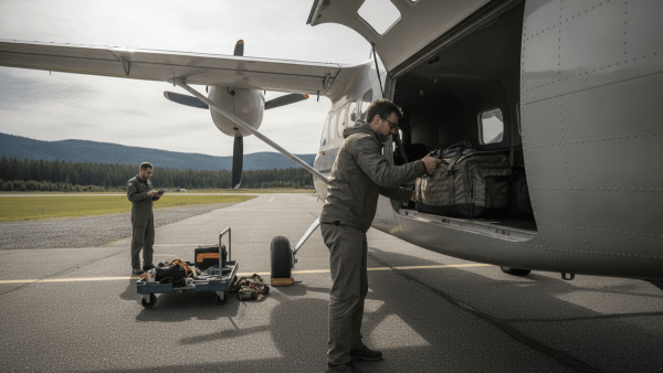 Two pilots in flight suits prepare a turboprop aircraft on a paved airstrip, with one loading bags and another checking a device.