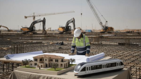 A construction engineer in a hard hat reviews blueprints on a table at a desert airport expansion site, with heavy machinery in the background. In the foreground are a model of a luxury villa and a sleek train.