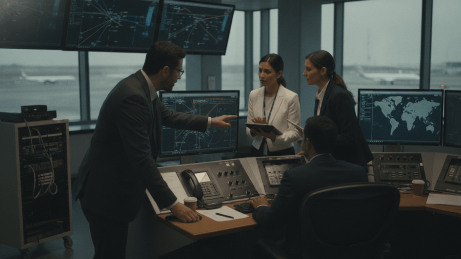 Air traffic controllers in a control room, analyzing flight data on multiple screens with airplanes visible outside.