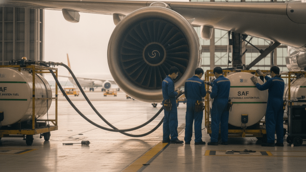 A group of technicians in blue uniforms working around large tanks labeled "SAF" near the engine of a commercial airplane inside a hangar.