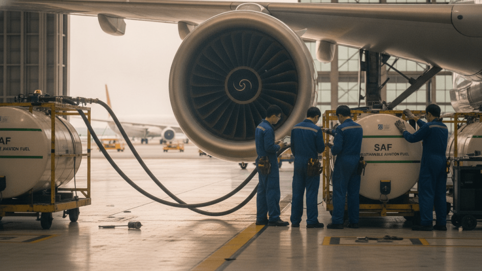 A group of technicians in blue uniforms working around large tanks labeled "SAF" near the engine of a commercial airplane inside a hangar.