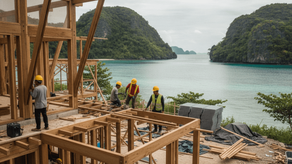 Workers in hard hats construct a wooden hotel frame by a turquoise bay with lush green islands under an overcast sky.