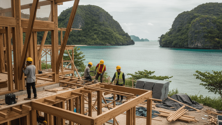 Workers in hard hats construct a wooden hotel frame by a turquoise bay with lush green islands under an overcast sky.