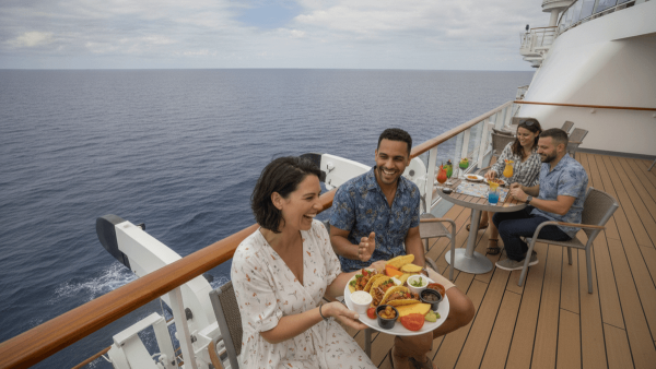 A group of smiling people dining on a cruise ship deck, with the vast ocean visible in the background.