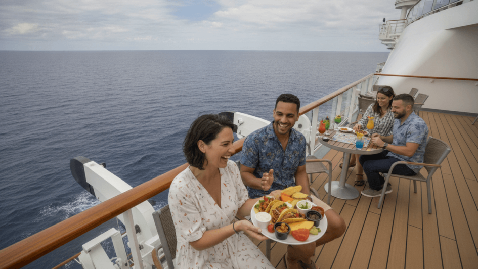 A group of smiling people dining on a cruise ship deck, with the vast ocean visible in the background.
