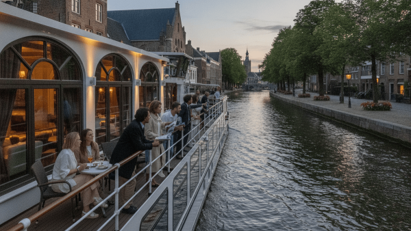 A river cruise ship glides along a canal in a historic European city at dusk, with guests on deck.