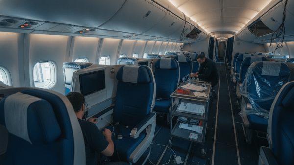 Two technicians work inside an airplane cabin, installing new business class seats, with tools and wiring visible.