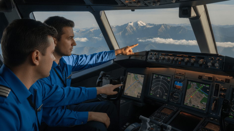 Two pilots in a cockpit, one pointing out the window at a mountainous landscape, while the other interacts with controls.