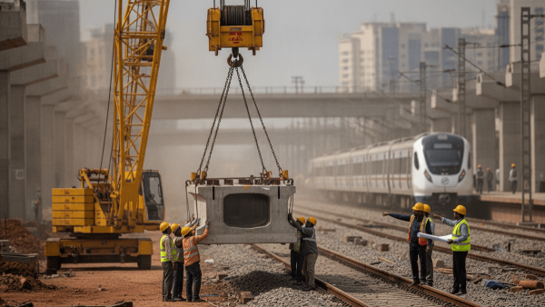 Construction workers in hard hats guide a large concrete block being lowered by a crane next to active railway tracks in India.