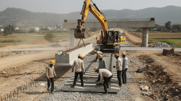 An excavator and a team of workers in hard hats lay down concrete railway sleepers under a newly built overpass.