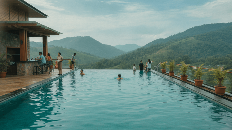 An outdoor infinity pool at a hotel, with several guests swimming or relaxing by the edge, overlooking lush green hills under a cloudy sky.