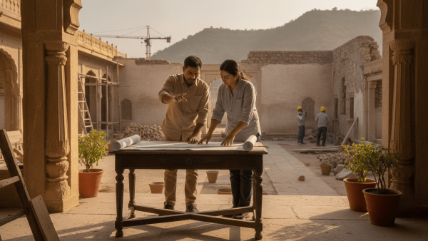 Two architects, a man and a woman, examine large blueprints on a table at a dusty construction site.