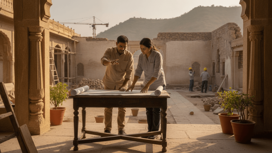 Two architects, a man and a woman, examine large blueprints on a table at a dusty construction site.