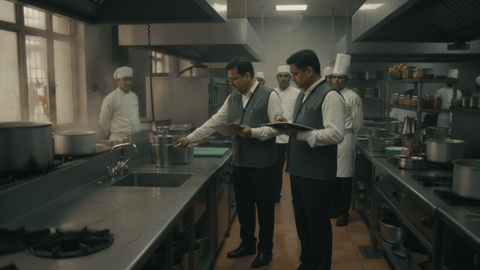 Two men in vests and collared shirts, representing officials, meticulously inspect stainless steel kitchen equipment and surfaces.