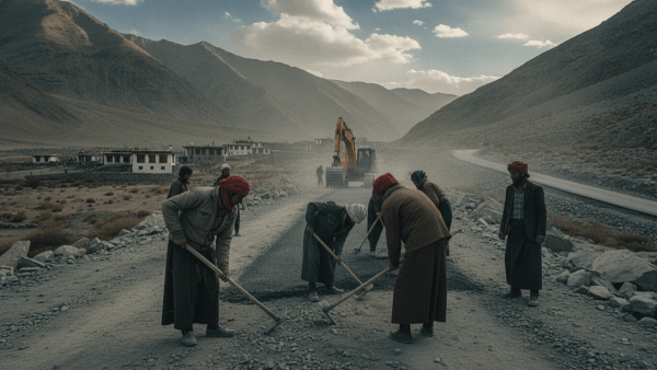 A group of construction workers in traditional attire are engaged in building a road through a remote, arid mountain landscape.
