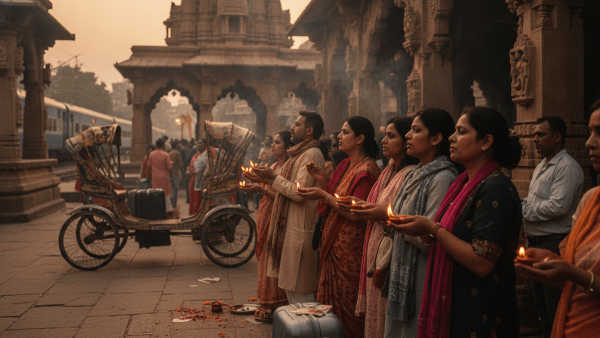 A group of devotees, primarily women, hold small oil lamps during an evening ritual outside an ancient Indian temple.