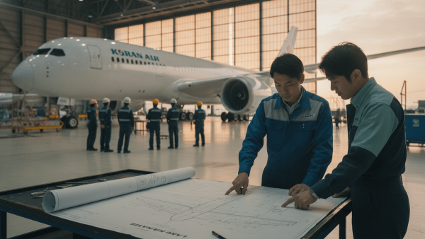 Two engineers in work uniforms examine large aircraft blueprints on a table in a vast hangar, with a Korean Air plane visible behind them.