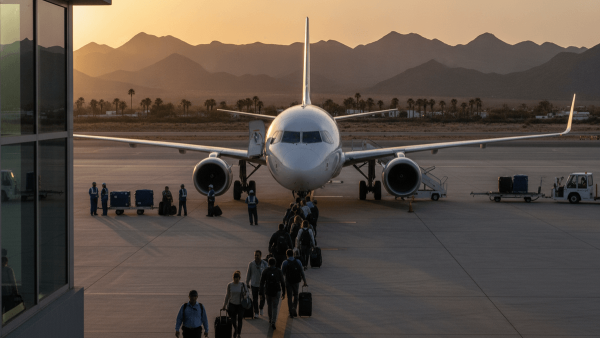 A wide-angle, eye-level shot captures passengers walking on the tarmac toward a waiting aircraft under a warm sunset sky.