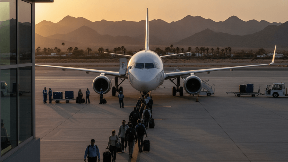 A wide-angle, eye-level shot captures passengers walking on the tarmac toward a waiting aircraft under a warm sunset sky.