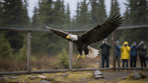 A bald eagle with outstretched wings flies low over mossy ground, with blurred evergreen trees and distant observers behind a fence.