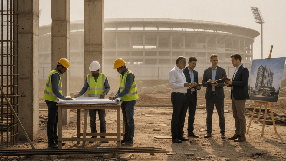 A group of construction workers and business executives on a dusty construction site with a large stadium in the background.