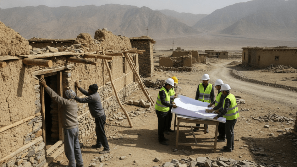 Construction workers and officials in hard hats and vests gather around blueprints in a dusty, rugged village.