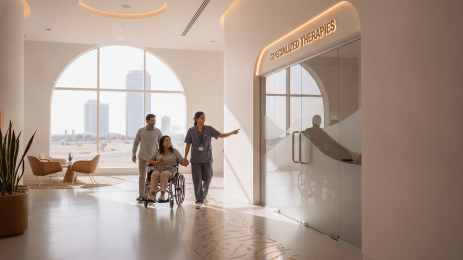 A nurse points towards "Specialized Therapies" for a patient in a wheelchair, accompanied by a man, in a bright, modern hospital.