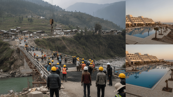 A split image showing construction workers on a bridge in a mountainous region and a modern resort with a pool by the sea.