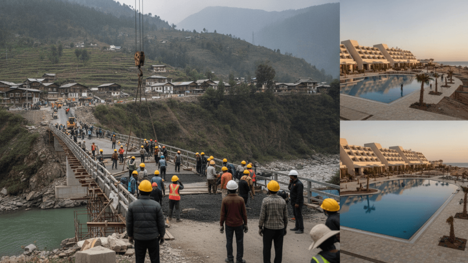 A split image showing construction workers on a bridge in a mountainous region and a modern resort with a pool by the sea.